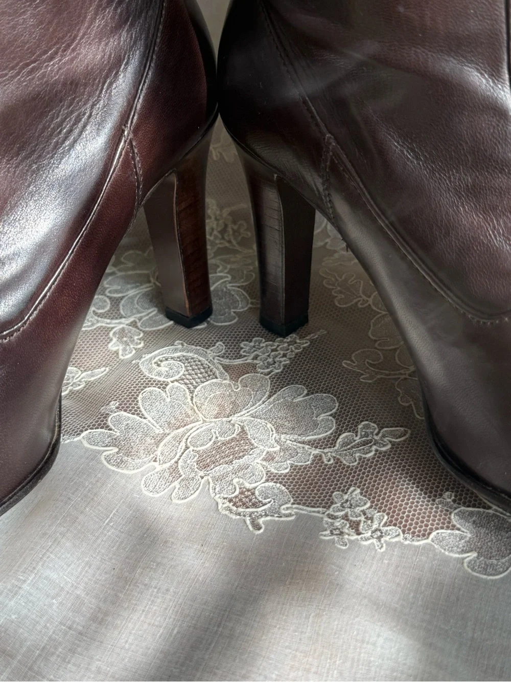 Cole Haan Dark Brown Leather Knee Heeled Boots with Stretch Panel At Calf